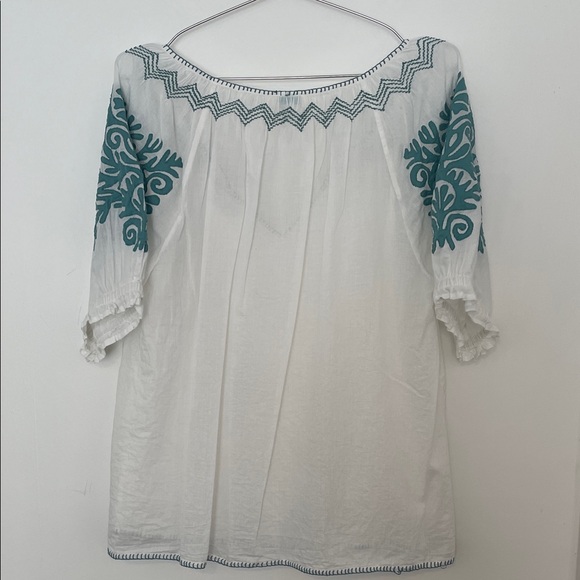 Sundance White Cotton Blouse with Teal Embroidery size Large - Picture 5 of 6